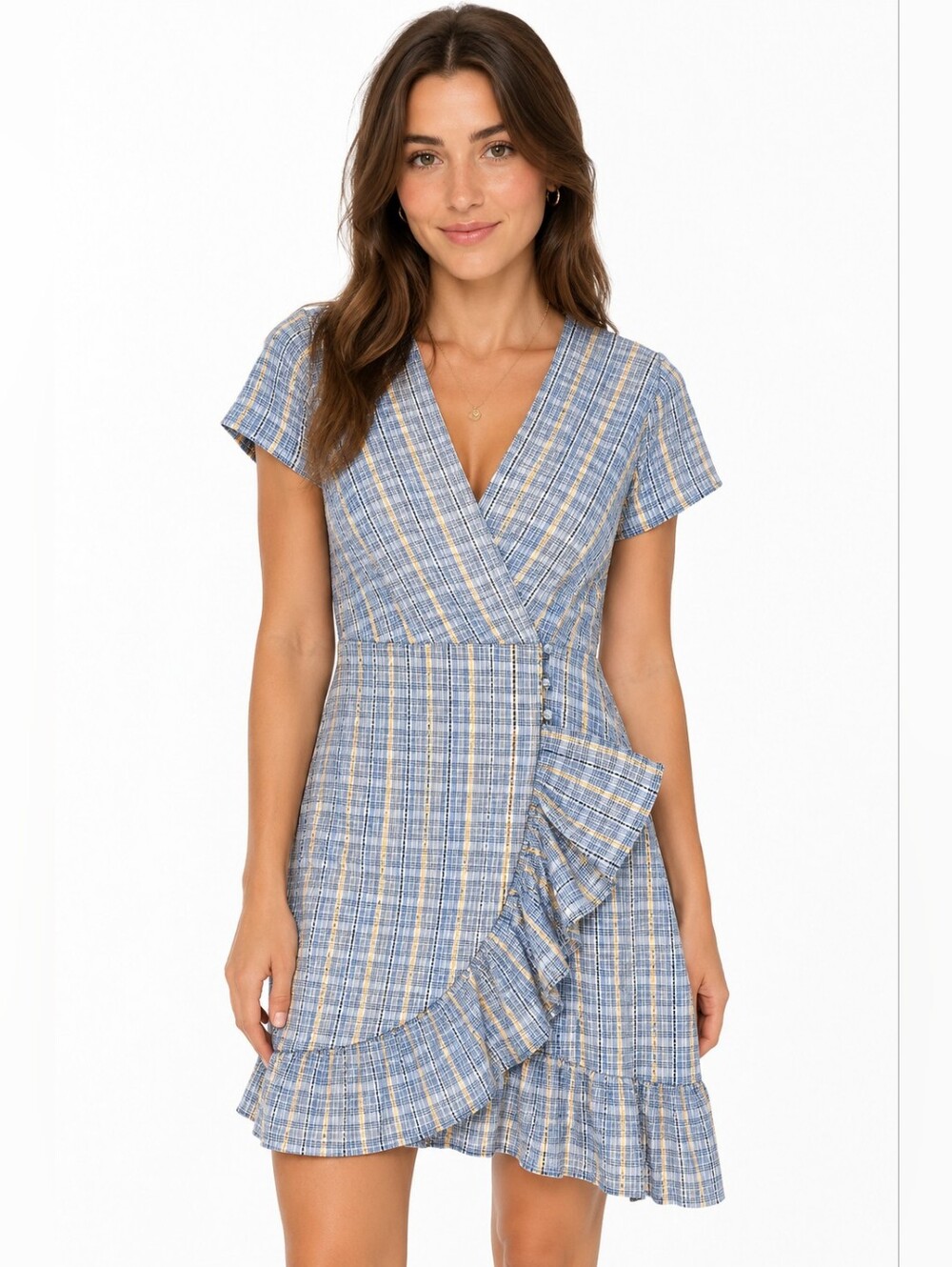 HYFVE Plaid Cotton Wrap Dress Yellow Embroidered Stitch Ruffle Size Small